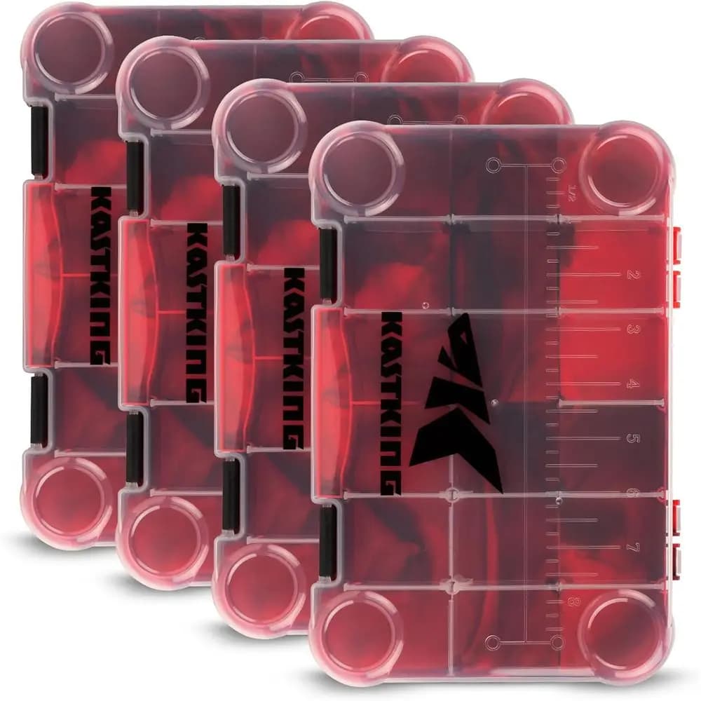 Mimetic fishing equipment box with removable dividers, 2 or 4 packs, plastic trays to store baits and terminal equipment