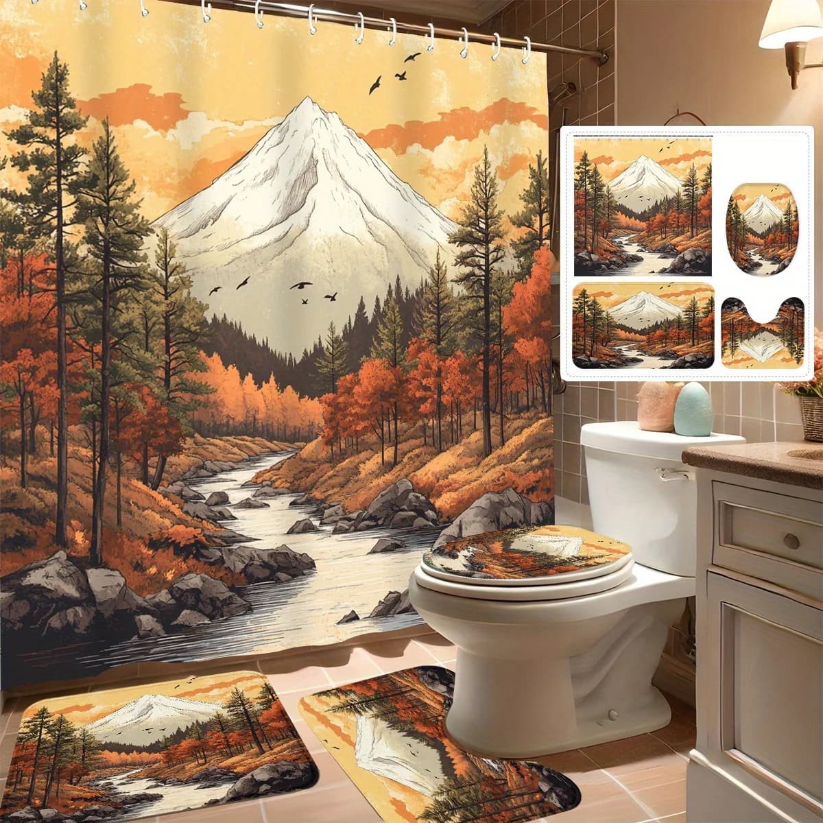 Set di tende da doccia da 4 pezzi, flusso di foresta di montagna autunnale, arredamento moderno per il bagno, include 12 ganci, tappetino da bagno antiscivolo, a forma di U