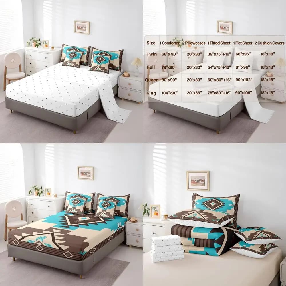 7-Piece Comforter Set with Sheets, King Size, Blue Brown Boho Style, Bed in a Bag for Boys and Girls