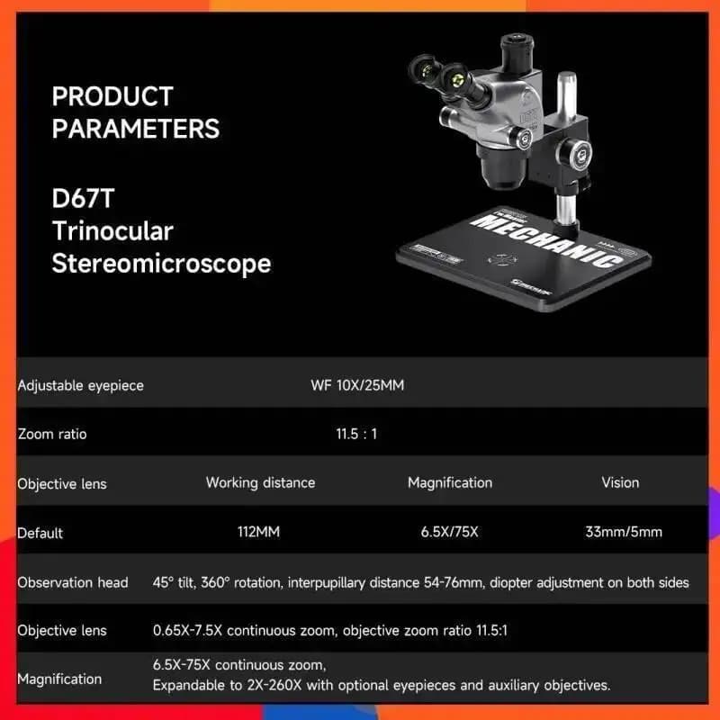 Microscopio Trinoculare per Dissezione D67T 45 ° Inclinazione a 360° ° Testa Rotante con Distanza Interpupillare 54-76mm per Rilavorazione SMT e Saldatura BGA