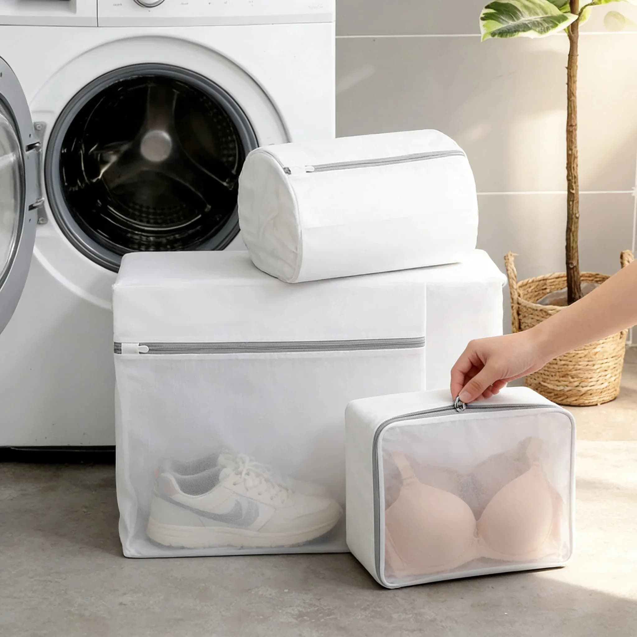 Sacchetto per Bucato Cilindrico in Rete, Sacchetto Riutilizzabile per Lavatrice per Capi Delicati
