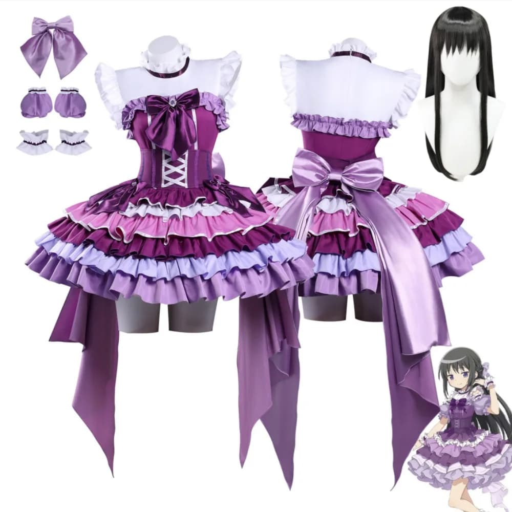 Costume Cosplay by Homura Akemi by Puella Magi Madoka Magica - Dress Elegant Purple, Copricapo, Socks, Accessories, Wig Set, Party Costume