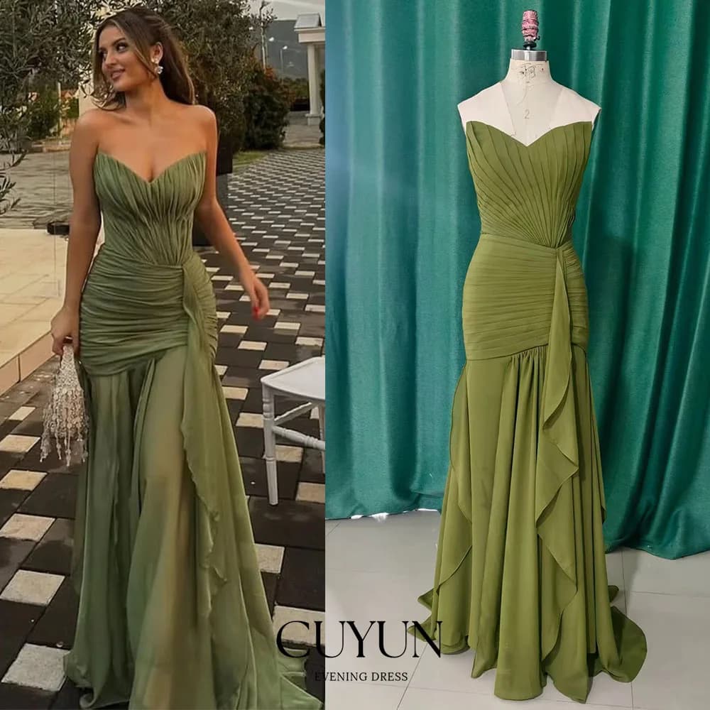 Abito da sera formale da donna CUYUN personalizzato verde oliva, linea ad A, plissettato, senza spalline, in chiffon, per feste, banchetti, lungo, da ballo