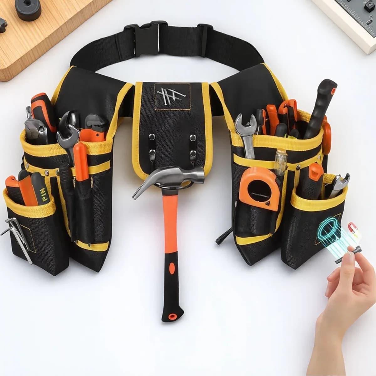Cintura portautensili regolabile con 26 tasche Supporto magnetico Marsupio durevole per falegnami artigiani Stoccaggio di attrezzi pesanti