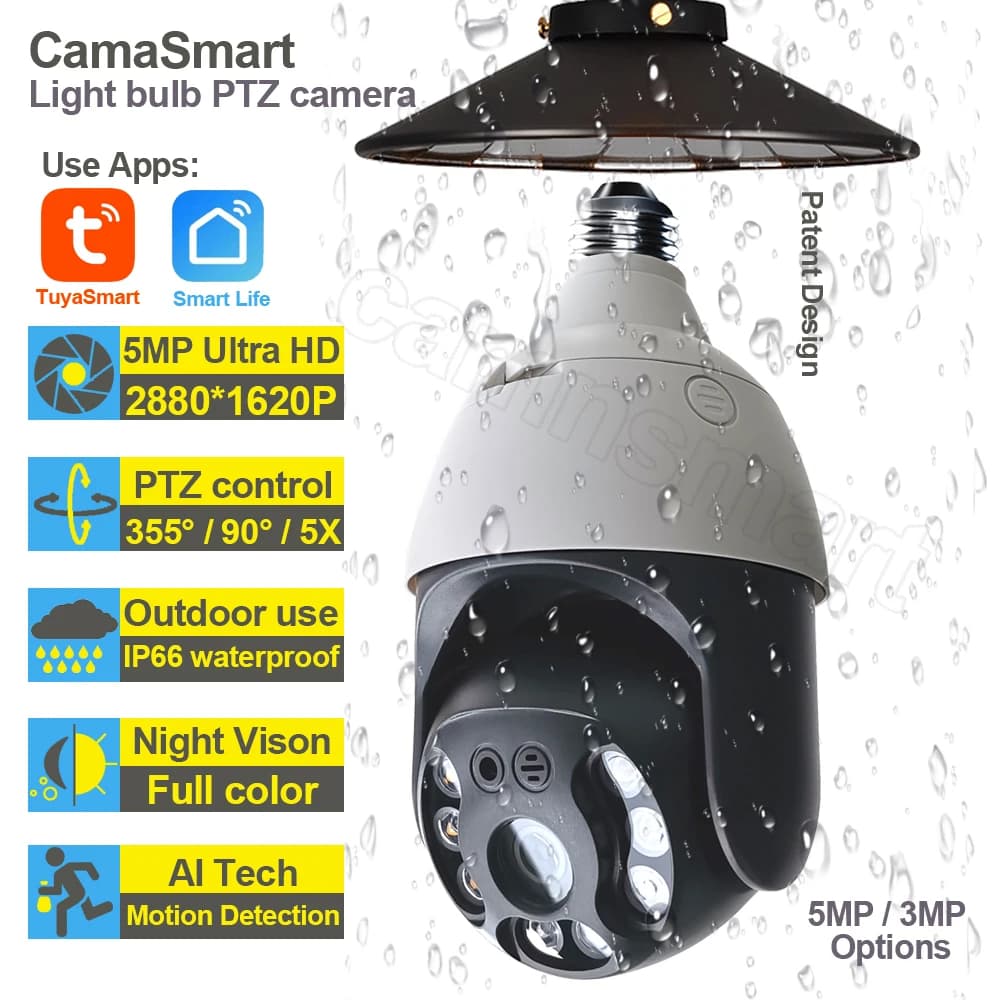 4/5MP Tuya Lampadina Telecamera Wifi IP PTZ LED esterno Video sorveglianza Rilevazione movimento corpo umano Visione notturna a colori Sicurezza domestica
