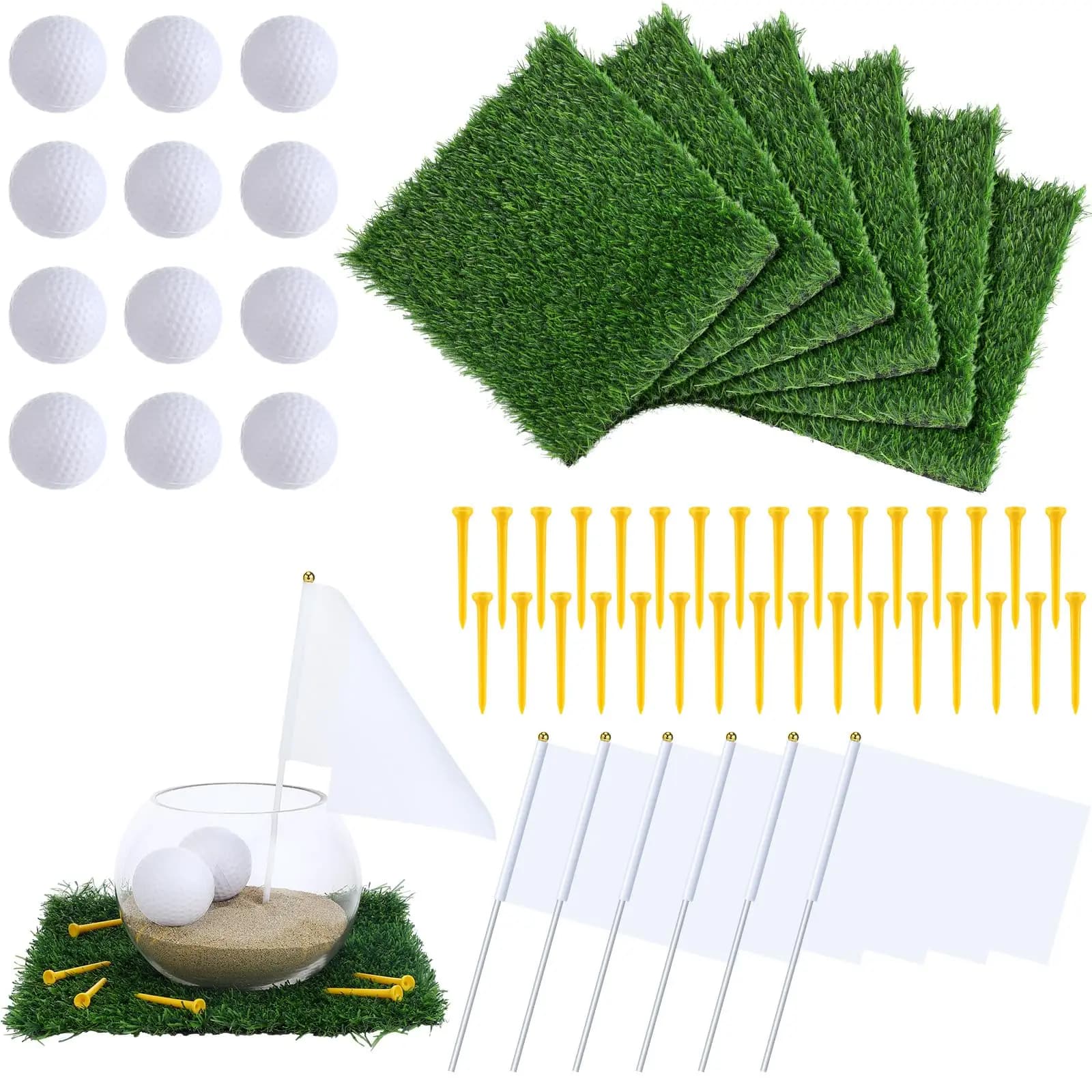 6 SET Mini Decorazioni per feste da golf 6 Tappetini per erba artificiale 12 Mini Golf 32 Tees 6 Banner Centrotavola per compleanno da golf