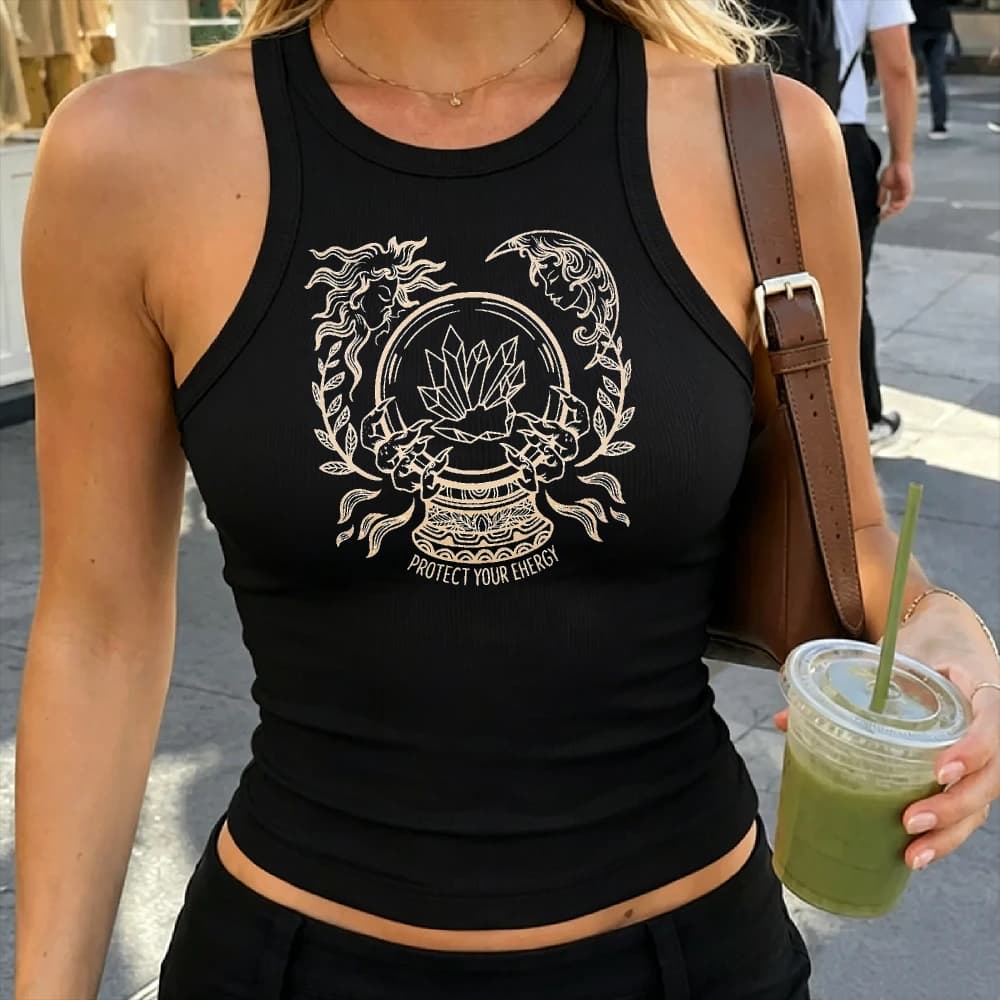 Line Art Sun Moon Goddess Dual Face Crystal Orb Ball Vine Leaf Wreath Spiritual Self Care Protect Your Energy Slogan Tank Top