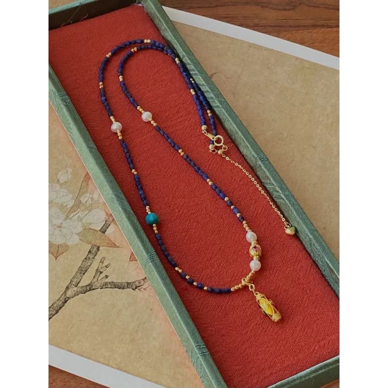 Gold Plated Sterling Silver Necklace with Handmade Lapis Lazuli Pearls Jewelry with French Style Women's Beads with Original New Chinese Design