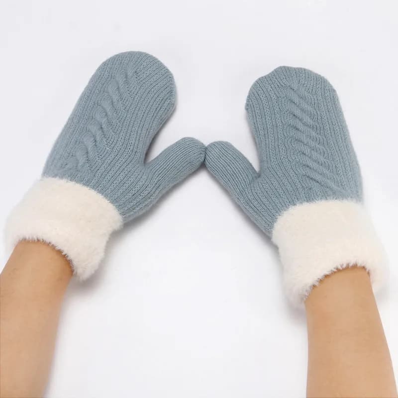 Knitted gloves for women, mittens, winter cute solid color warm fleece-lined thickened cold-proof riding gloves