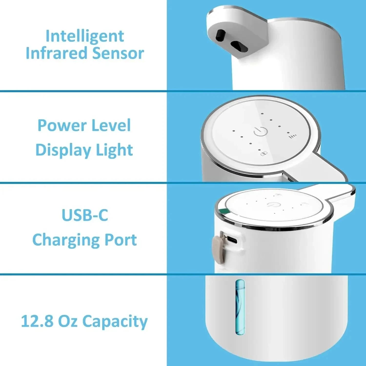 Dispenser automatico di sapone Dispenser di sapone schiumogeno touchless 380ml Dispenser di sapone in schiuma regolabile elettrico ricaricabile USB a 4 livelli