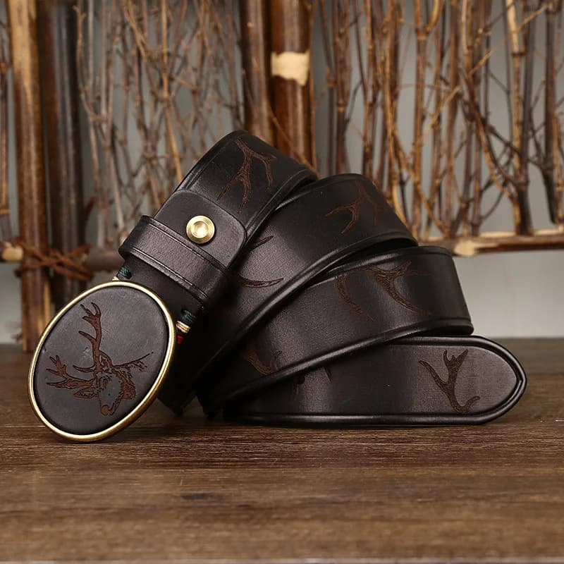 Men's Retro Laser Engraving Pattern Smooth Buckle Belt Genuine First Layer Cowhide Leather Plate Buckle Trendy Accessory