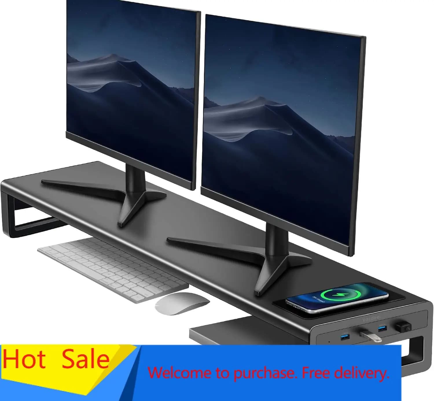 Supporto per Doppio Monitor, Rialzo per Monitor con Caricatore Wireless e 4 Porte USB 3.0, Supporto da Scrivania in Metallo per 2 Monitor, PC Scr