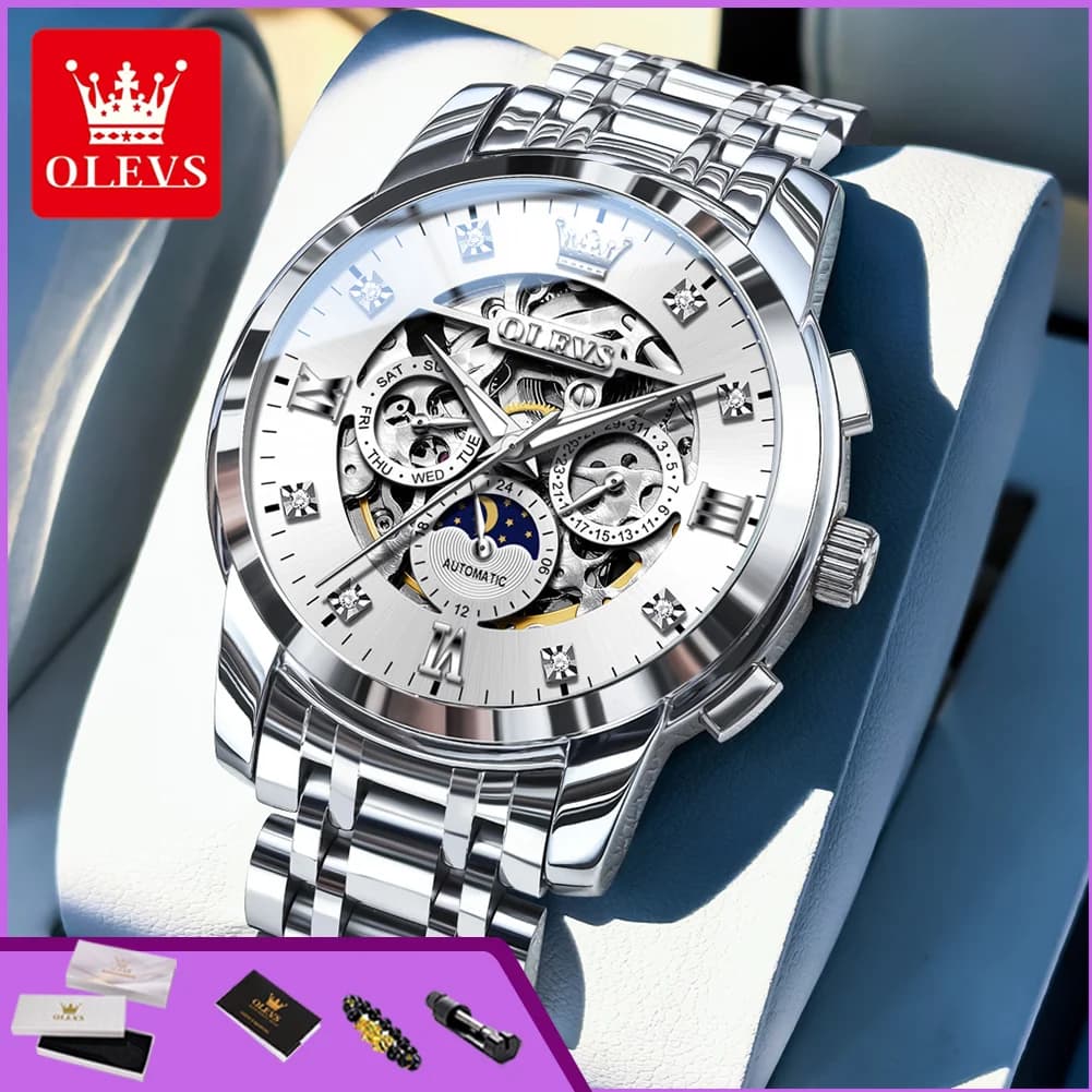 OLEVS 6721 Orologio da Polso Meccanico Automatico di Lusso per Uomo, Design Traforato in Acciaio Inossidabile, Impermeabile e Luminoso