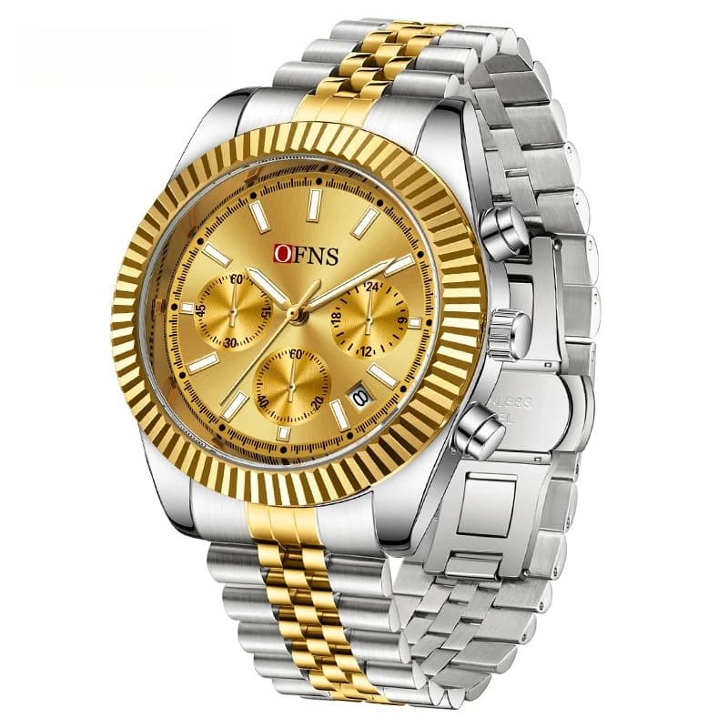 OFNS men's watch, three square business model and six hands, quartz, bright, with calendar and waterproof, very sold.