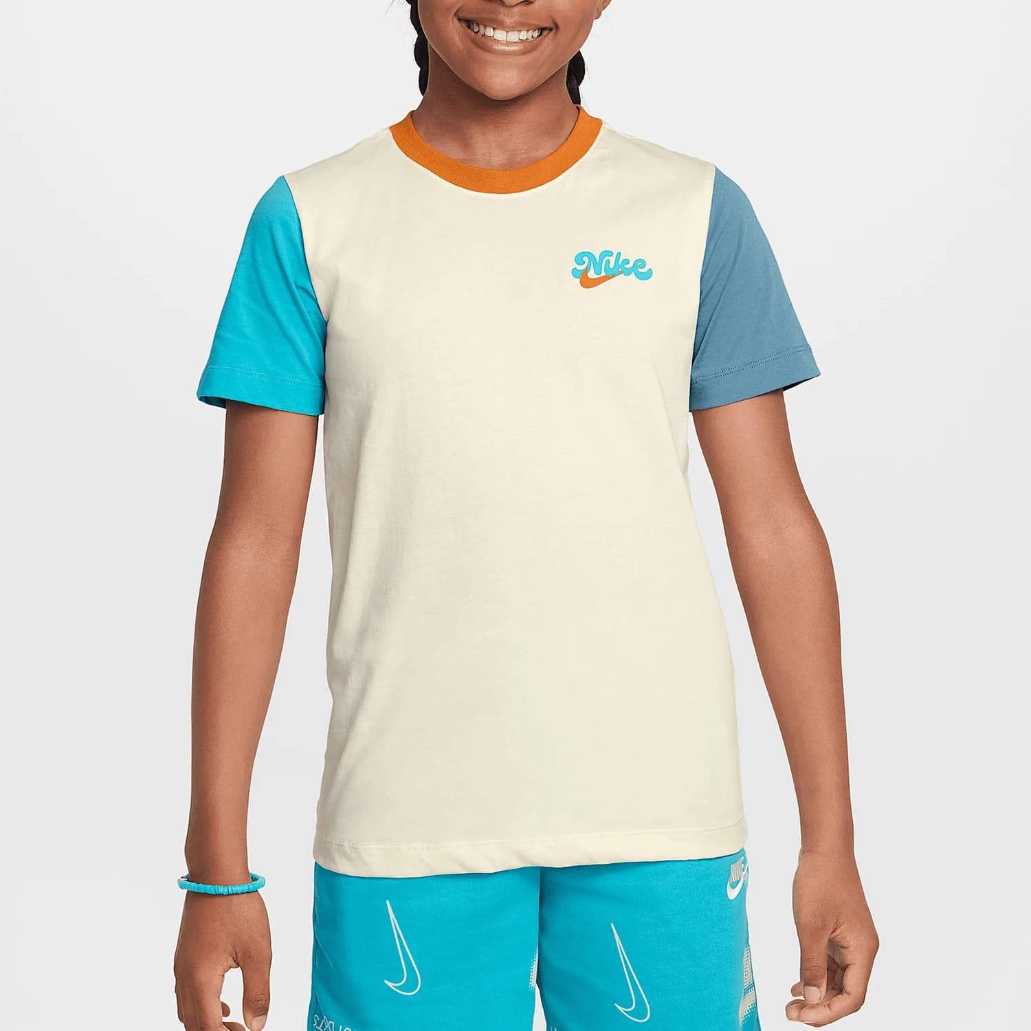 Nike genuine Sportswear large children's spliced pullover knitted short sleeved shirt HQ3244-113