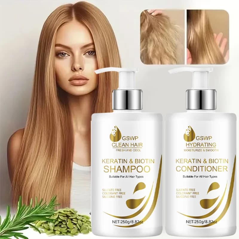 GSWP Set Shampoo and Balm at Keratin and Biotin High Capacity: Rich foam, controls the frizz effect, leaves smooth and shiny hair, 250g+250g