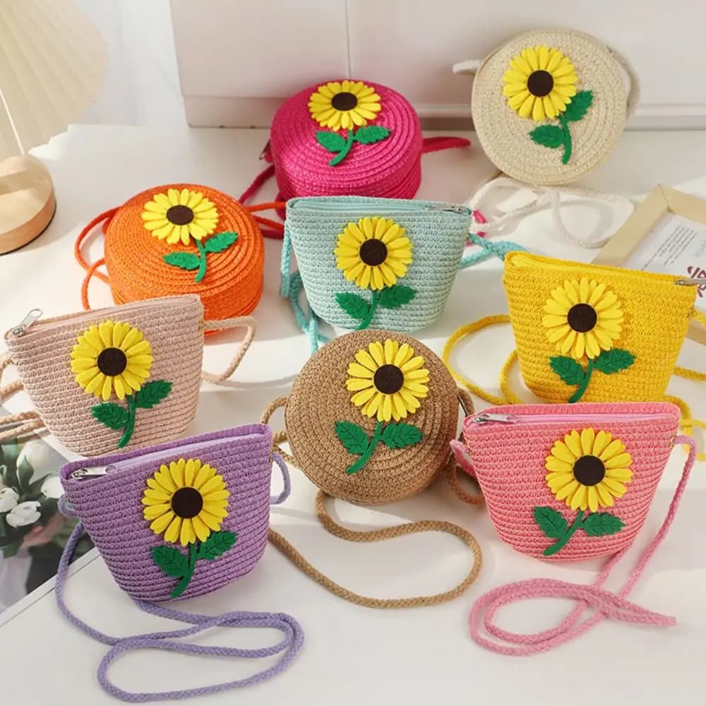 Borsa a tracolla resistente in paglia con fiori, piccola borsa a spalla per bambine e ragazze