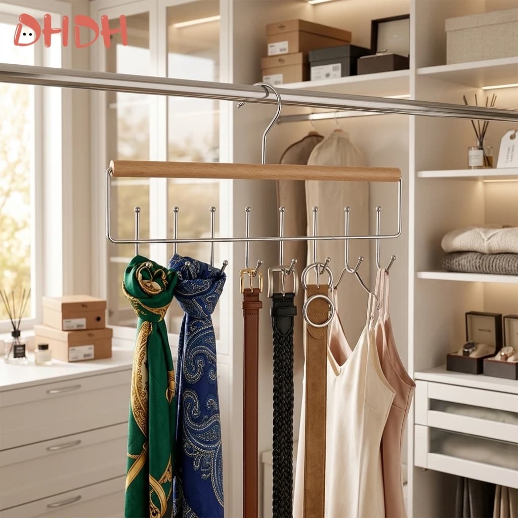 Organizzatore Premium per Cinture da Appendere con Cinghie Antiscivolo, in Legno Resistente, per Armadi Professionali, Salvaspazio Avanzato