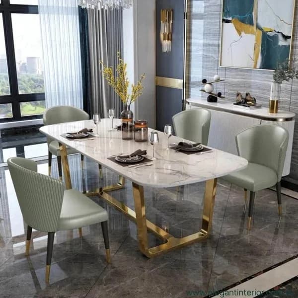 Tavolo da Pranzo Moderno Rettangolare in Marmo con Gambe in Metallo, Set da Pranzo di Lusso per 6 Persone, Arredamento Contemporaneo per Cucina e Ristorante