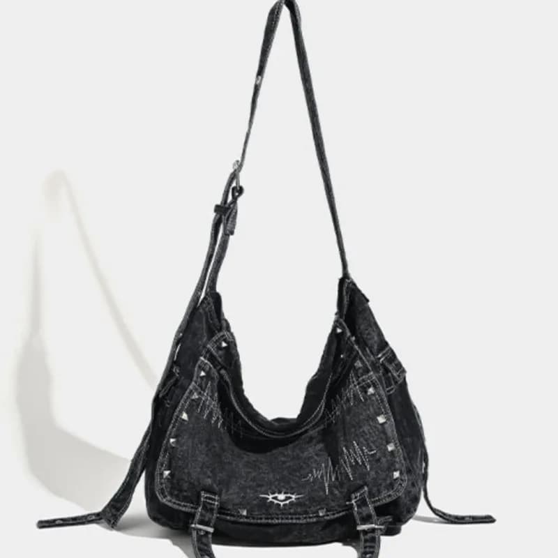Retro Denim Black Large Capacity Tote Bag Women's Wallet Lavated Shoulders Casual Shoulder Bag Vintage Women's Canvas Bag Y2k 2025