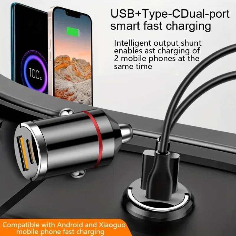 Caricabatterie da Auto Flash con Anello Estraibile - Ultra-Compatto con Doppia Porta PD+USB per Ricarica Rapida - Design Mini Discreto