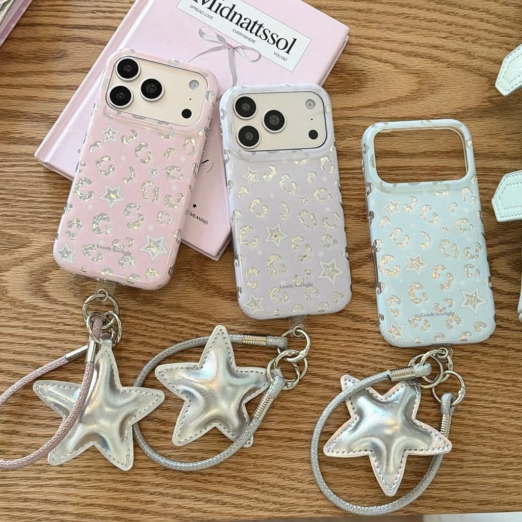 Korean Style Stars Leopard Print Glossy With Pendant Lanyard Shockproof Protective Phone Cover Case for iPhone 17 16 15 Pro Max