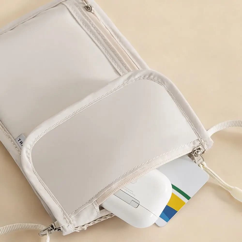Porta Passaporto Impermeabile con Tracolla Regolabile, Blocco RFID, Portafoglio da Collo Multitasche, Cerniera Scorrevole, Porta Carte di Credito