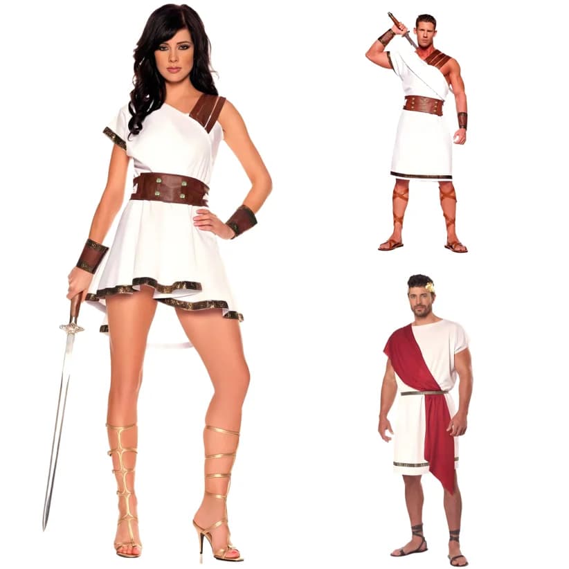 Costumes from Greek Roman Gladiator for Adults, Set of Roman Soldier Dresses for Men and Women, Halloween and Carnival costumes