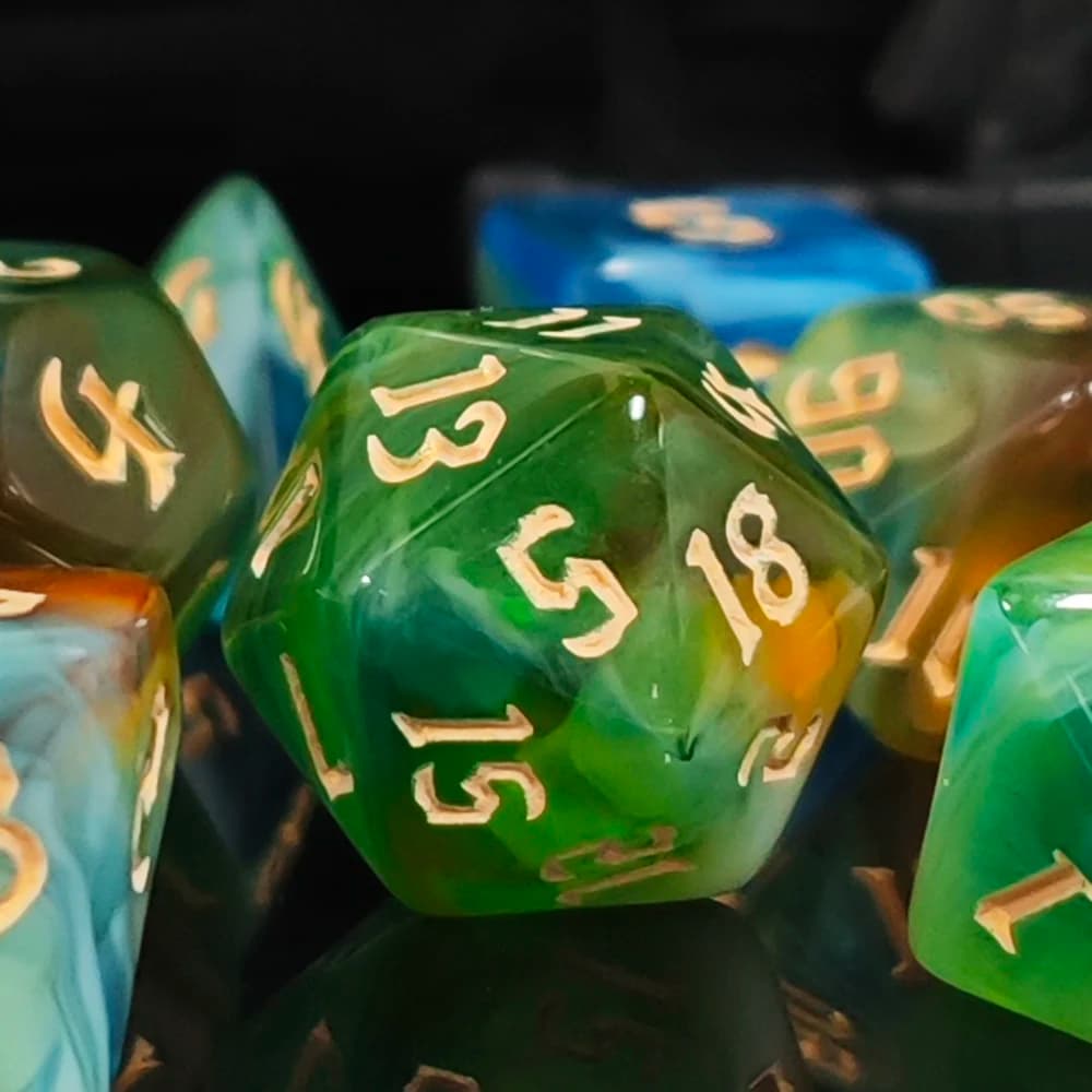 Set di Dadi in Acrilico da 7 Pezzi per Dungeons & Dragons, Call of Cthulhu e Giochi di Ruolo, Set di Dadi Poliedrici con Motivo Verde e Blu