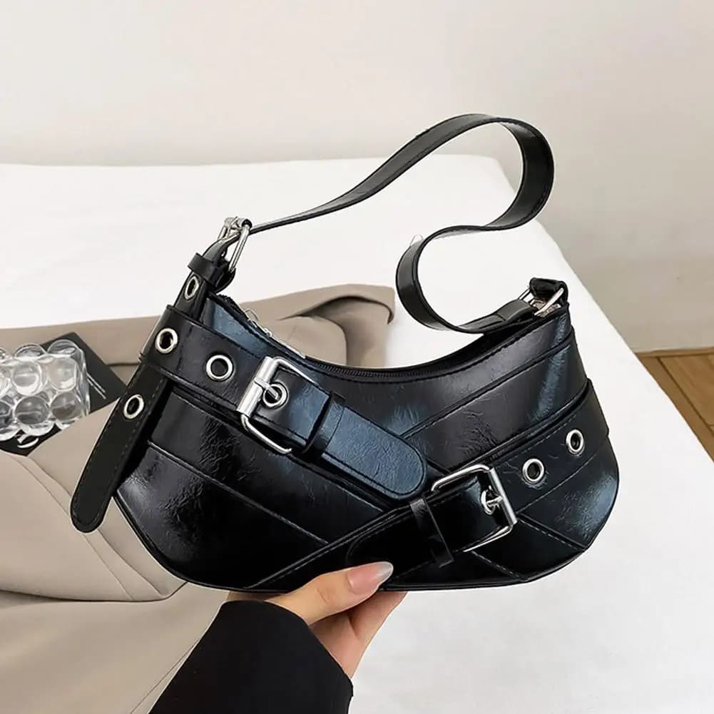 Y2K Punk Shoulder Bag Vintage Maillard Style Belt Design Crossbody Bag Retro Edgy Underarm Purse for Women