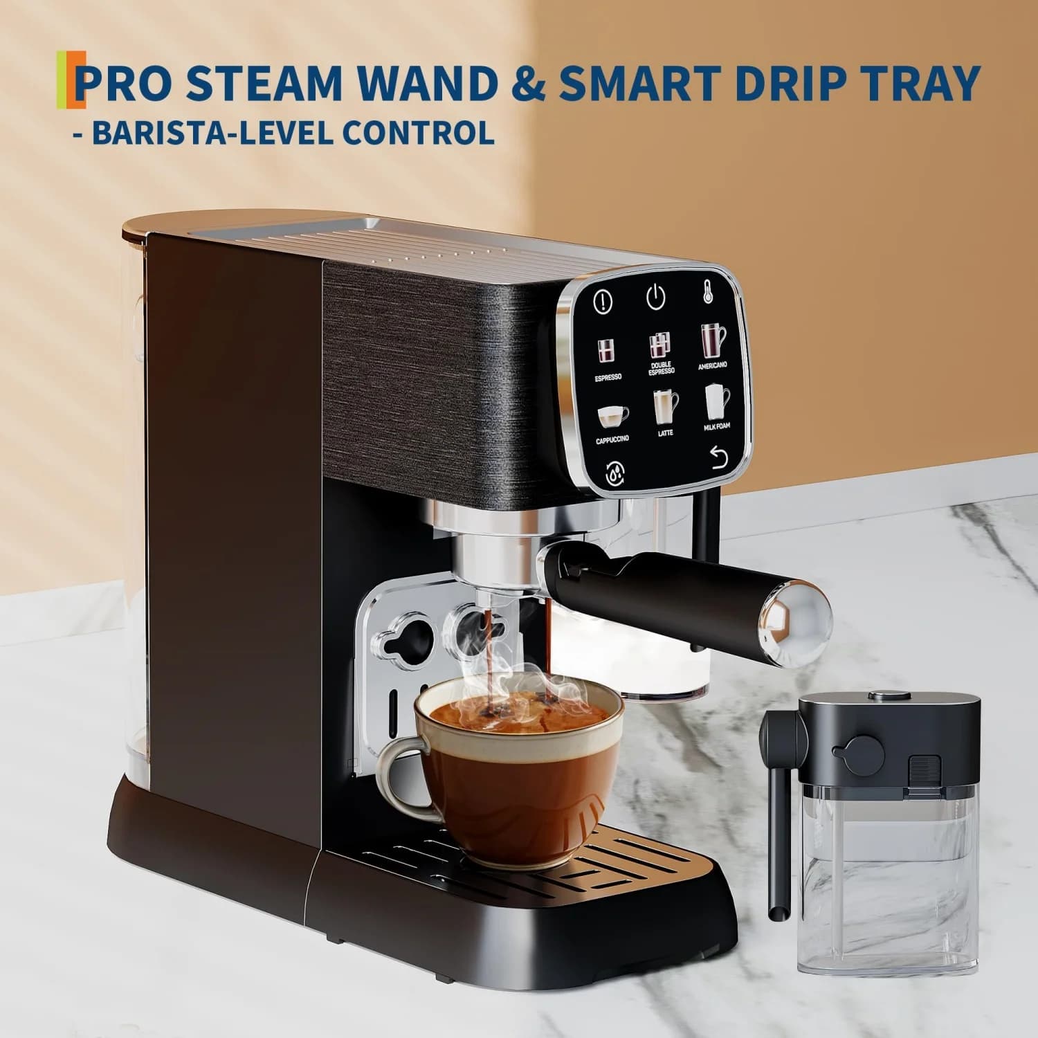 Espresso Machine 20 Bar, Compact Espresso Maker with Steam Milk Frother, Touchscreen Stainless Steel Coffee Machine with 45oz Removable Water Tank, Adjustable Temperature
