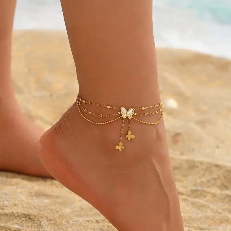 Fashion Chain Round Bead Butterfly Pendant Stainless Steel Foot Chain Women's Personalized Creative Festival Accessories Gift Ankle Bracelet Boho Minimalist Jewelry