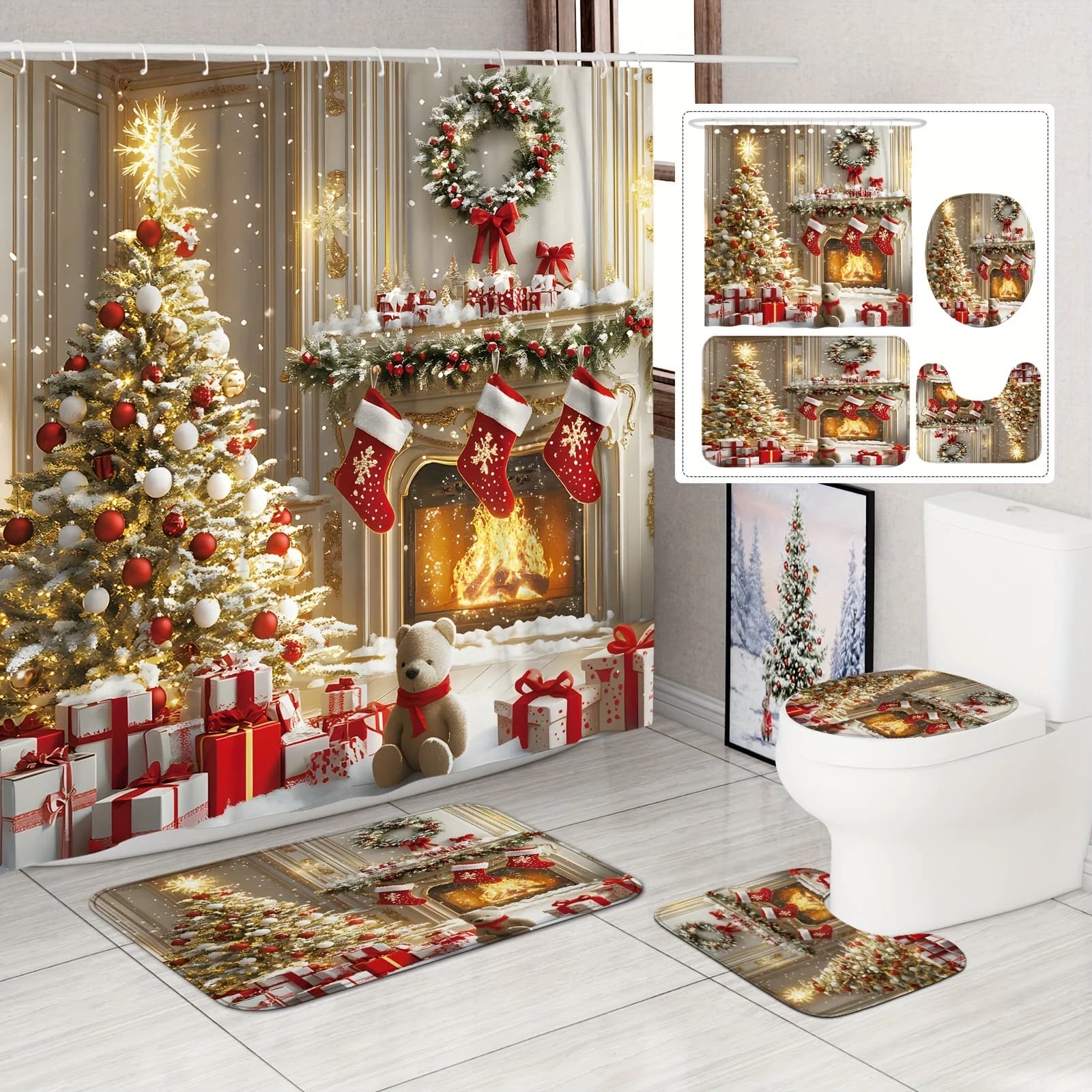 4Pcs Winter Fireplace Shower Curtain Set, with Hook and U-Shaped Toilet Seat Cover, Bathroom Accessories, Christmas Decoration