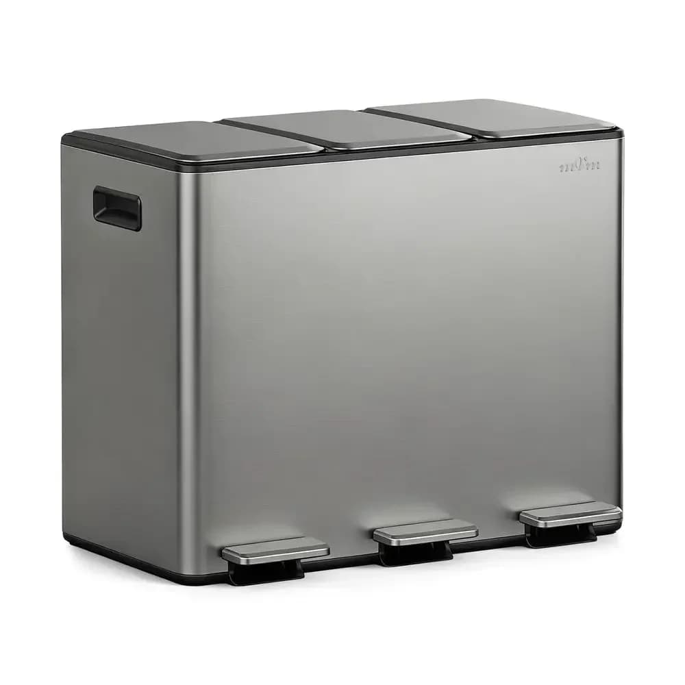 Triple Step Trash Can with Double Layer Lids, 12 Gallon Capacity, Gray Kitchen Garbage Bin