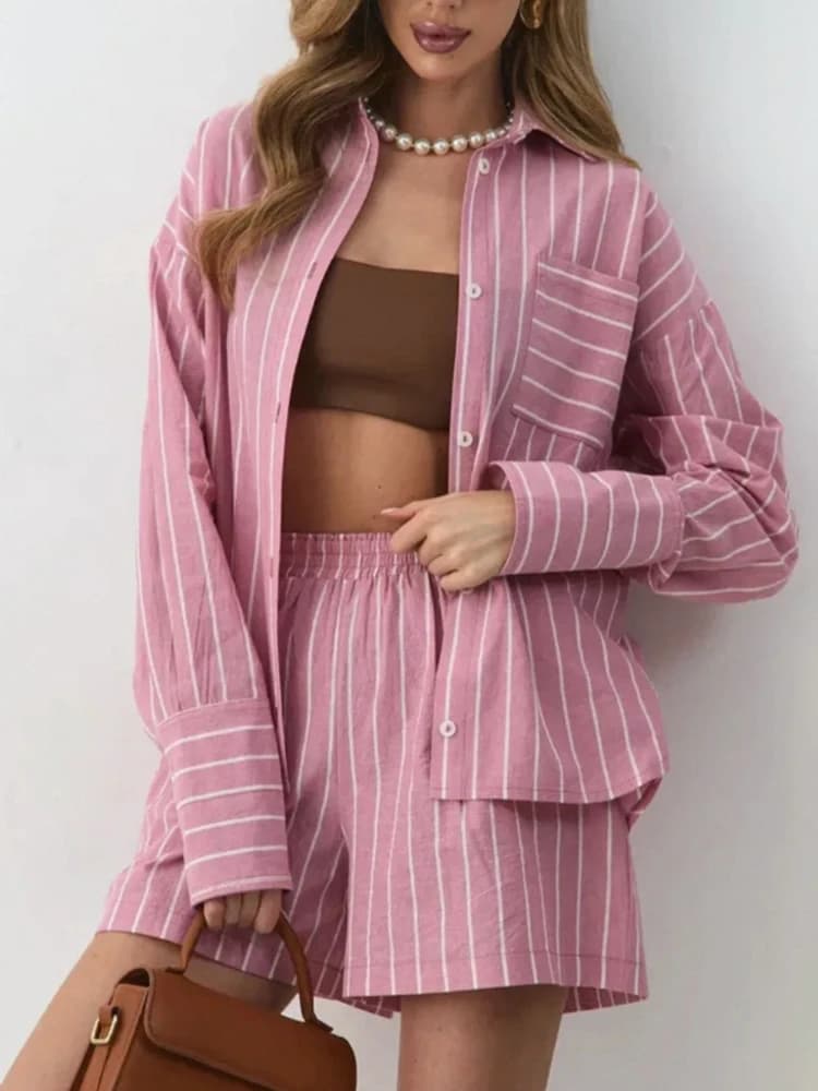 Camicia casual a righe da strada Pantaloncini Outfit Primavera Donna Camicetta con risvolto a maniche lunghe + Pantaloncini a gamba larga a vita alta Set autunnale a due pezzi