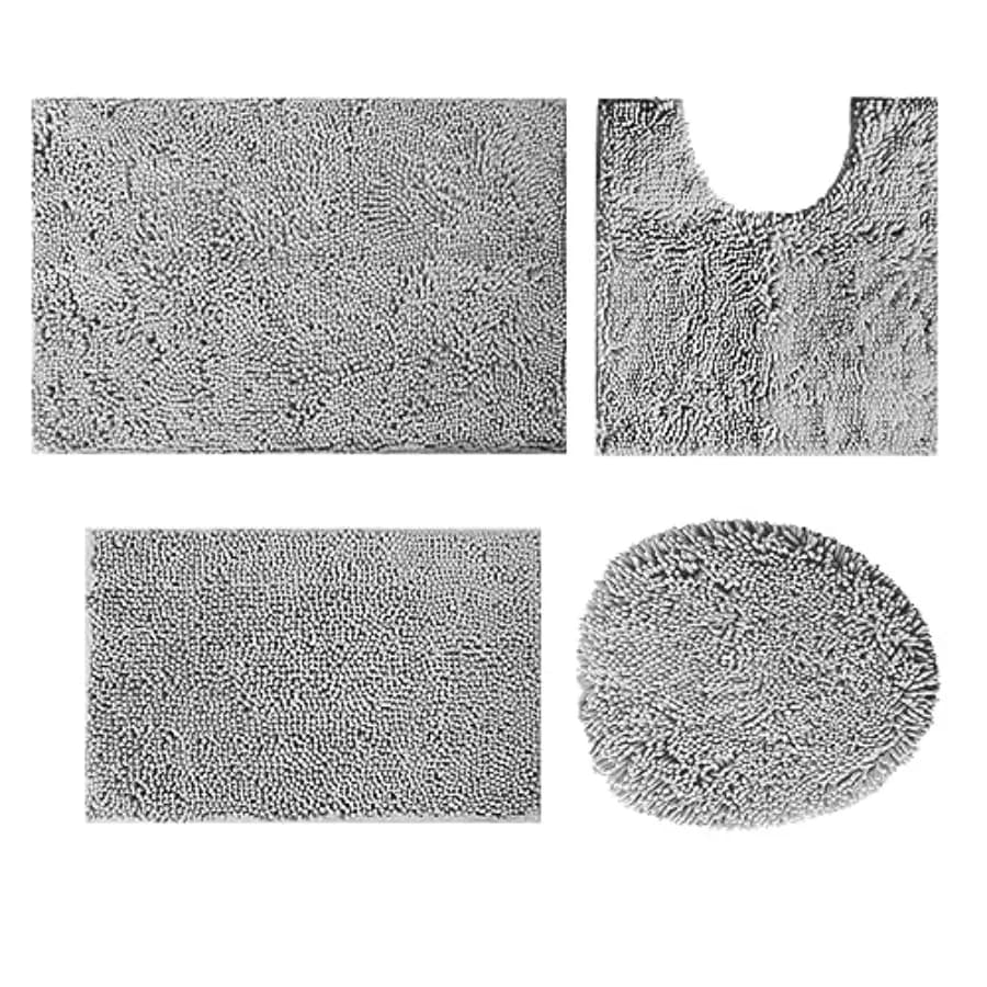 Set di Tappeti da Bagno 4 Pezzi in Ciniglia con Copriwater, Tappetini Assorbenti con Base Antiscivolo in PVC