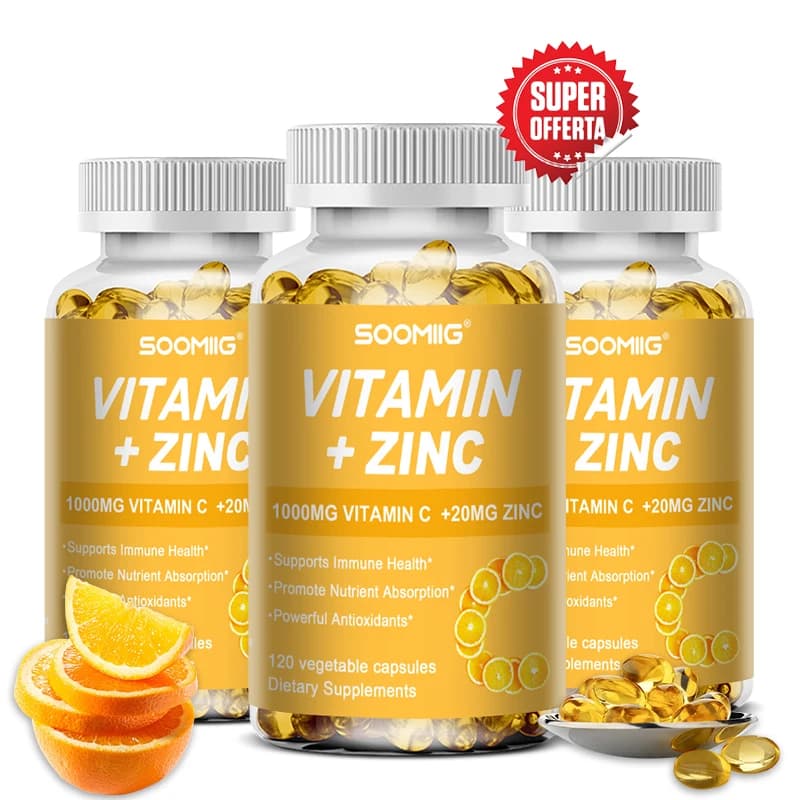 Capsule di Vitamina C 1000mg + Zinco 20mg, Produzione di Energia Cellulare, Schiarimento della Pelle, Supporto Immunitario e Integratore Antiossidante