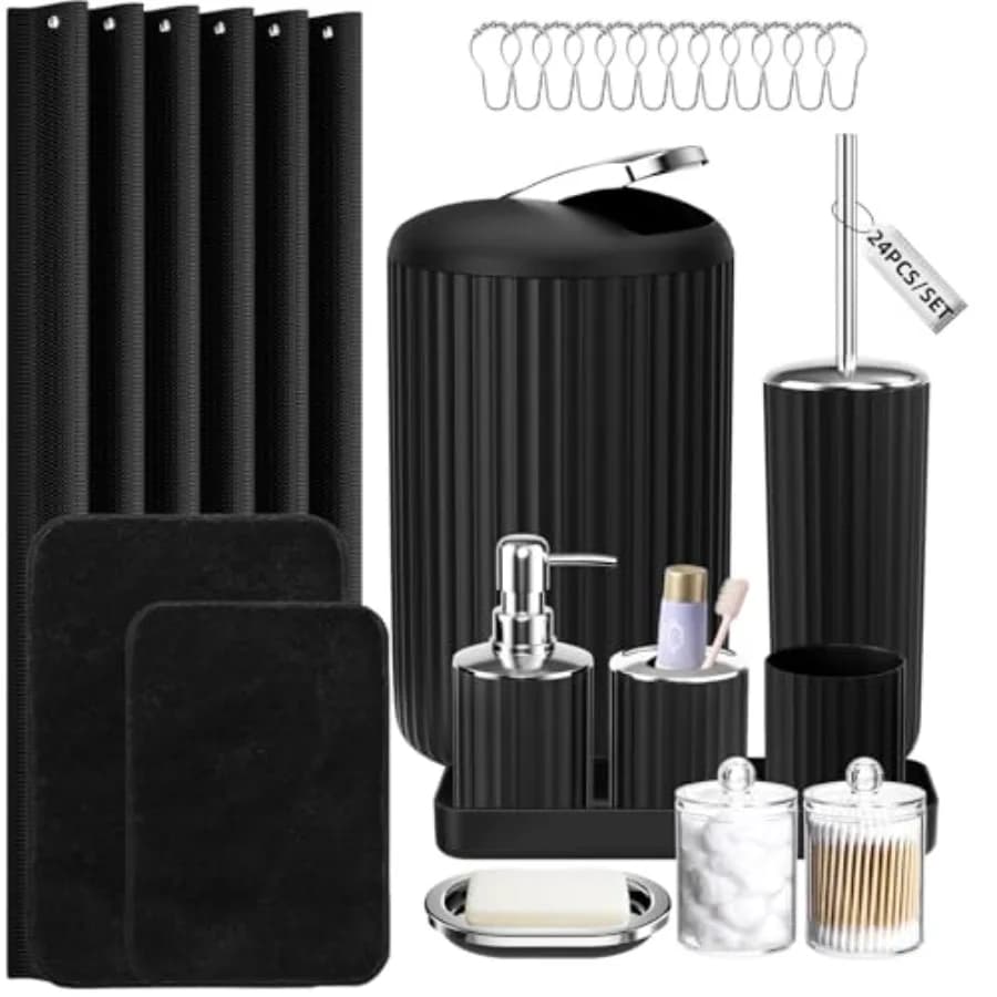 Set di 24 Accessori da Bagno Neri con Tenda Doccia e Tappeti, Set da Bagno con Tappetini Extra Morbidi e Assorbenti