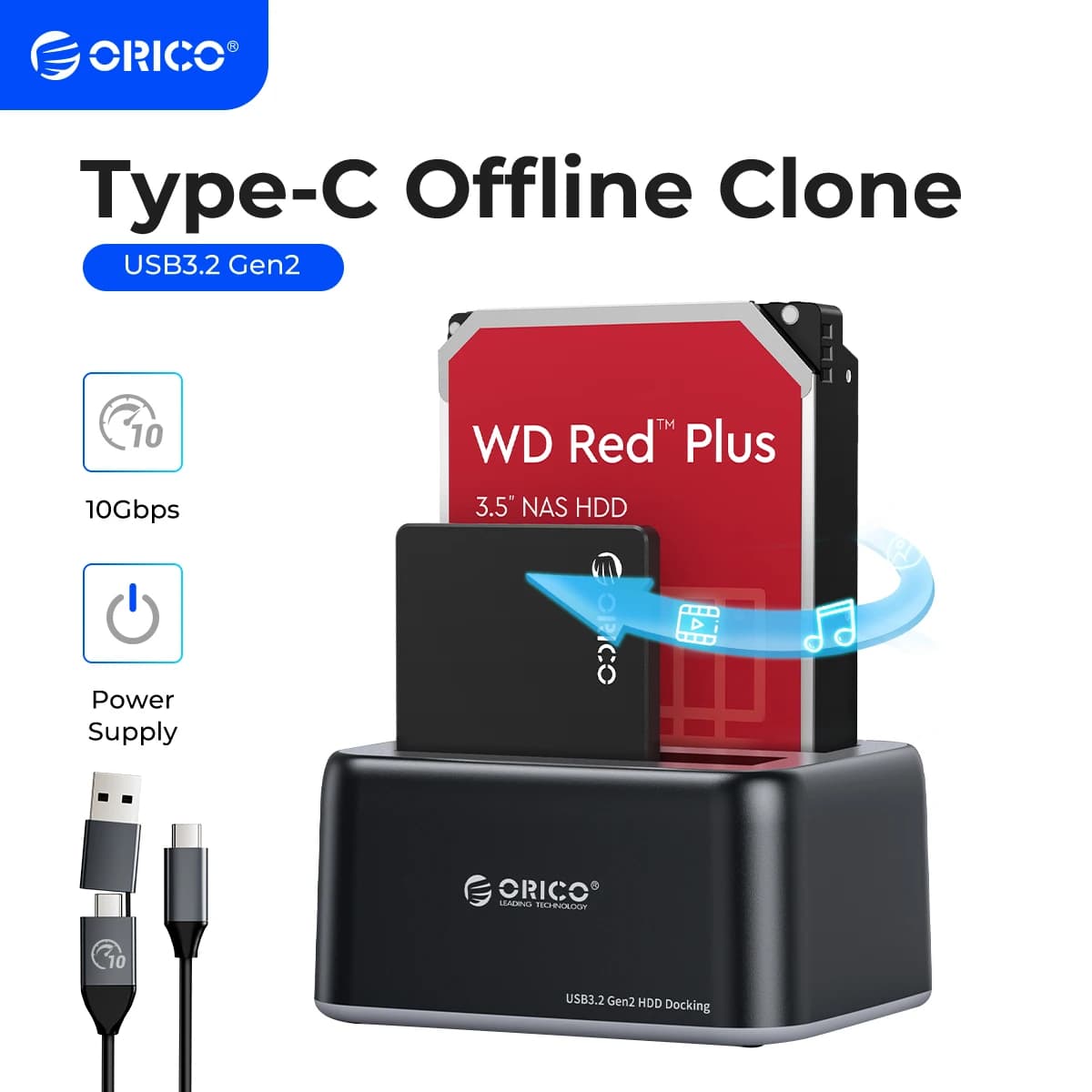 Docking station per disco rigido ORICO da 2,5/3,5 pollici SATA a tipo C USB3.2 Custodia per HDD Gen2 da 10 Gbps con alimentatore Clone offline 12V3A