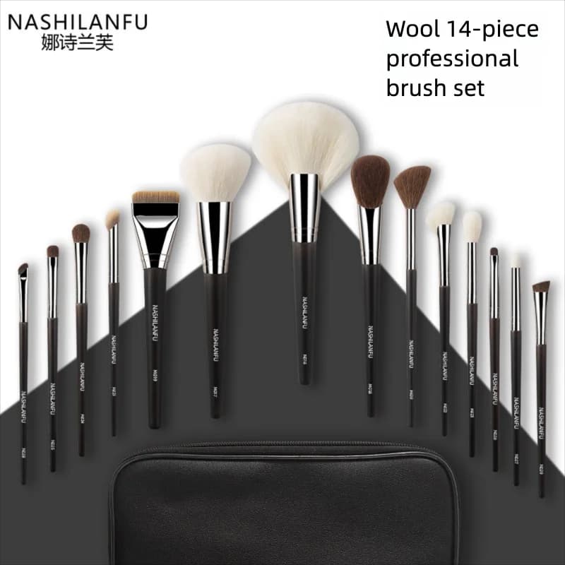 Nuovo set di pennelli per trucco in lana da 14 pezzi, polvere libera, fard, ombretto e correttore, set completo di pennelli per trucco con manico in legno