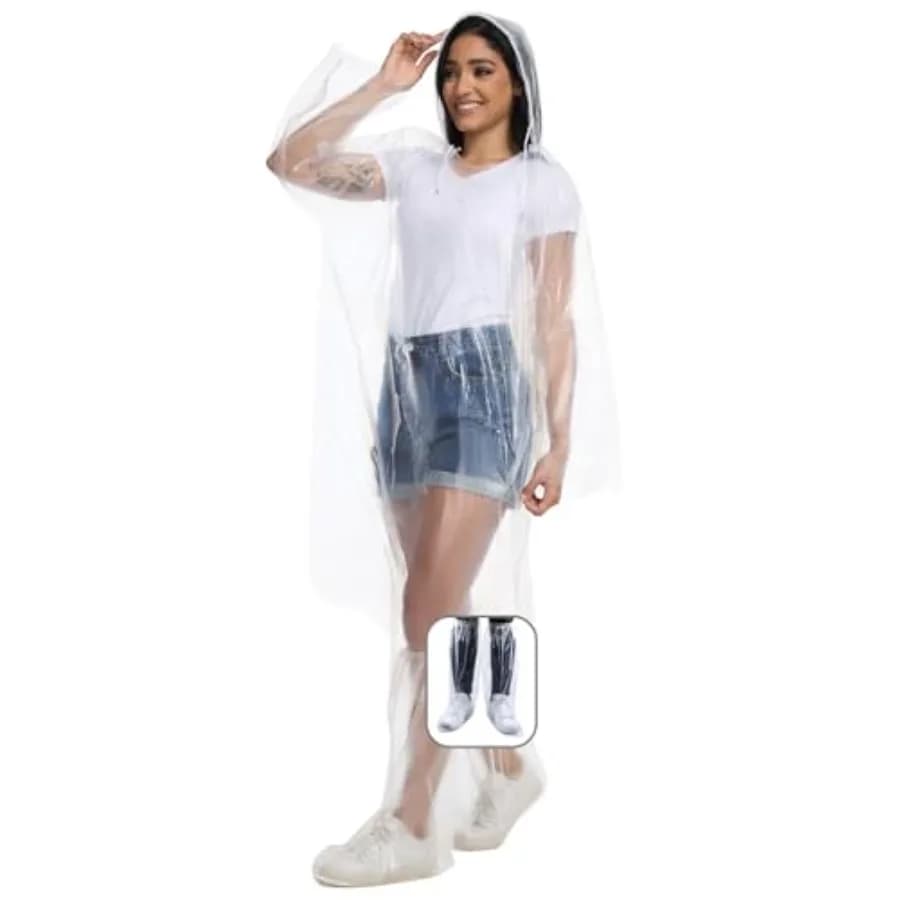 BATHRINS Disposable Rain Ponchos for Adults 3 Pack Raincoat Set - Emergency Clear Poncho with Hoods and Waterproof Boot Covers
