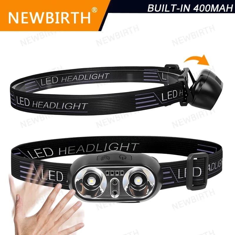 Mini lampada frontale portatile a LED Torcia elettrica Ricarica Faro a induzione Sensore di movimento Faro Potente torcia Luce da lavoro di emergenza