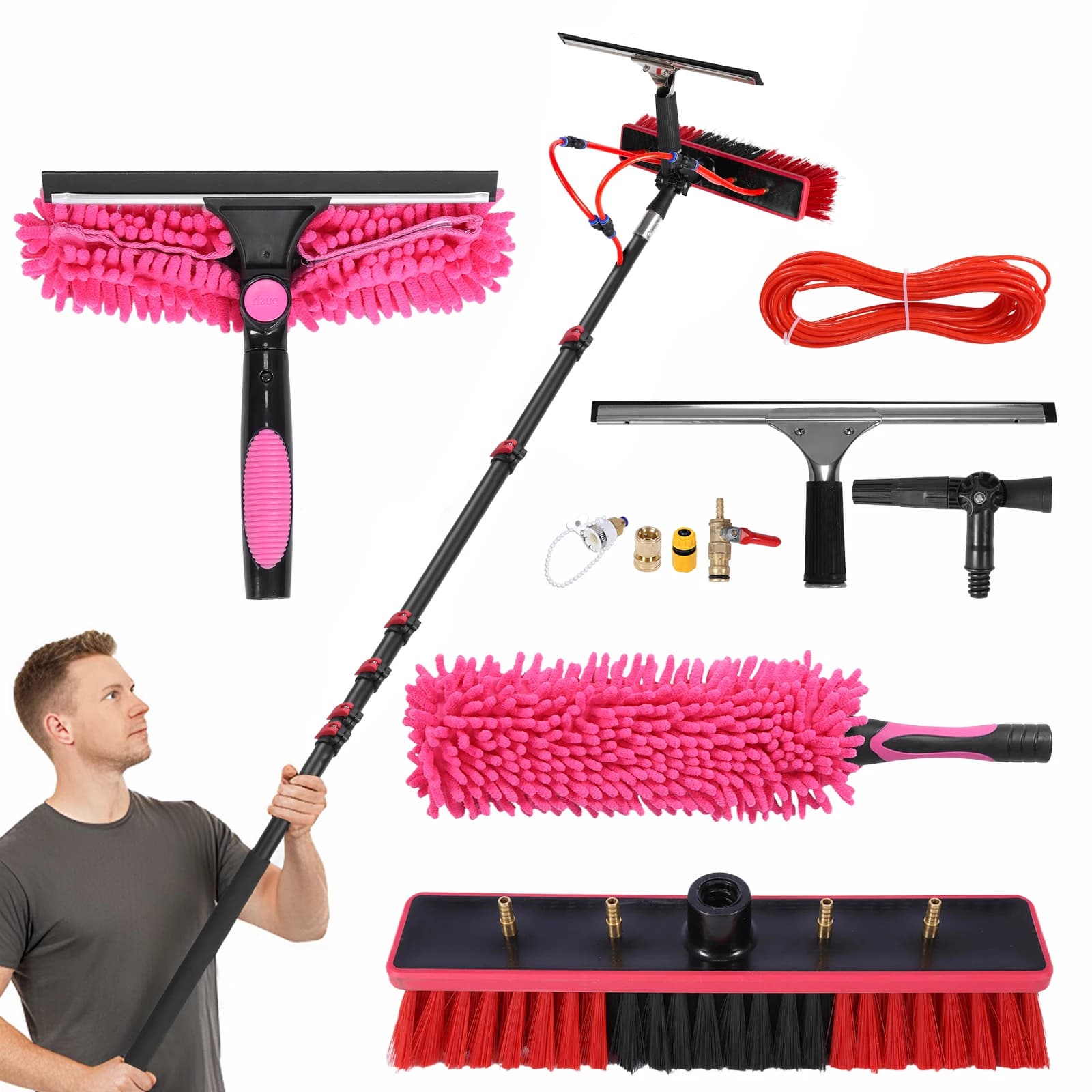 Kit spazzola per pulizia estensibile con palo per pulizia finestre Kit spazzola telescopica per alimentazione idrica Strumento di lavaggio leggero per pannelli solari