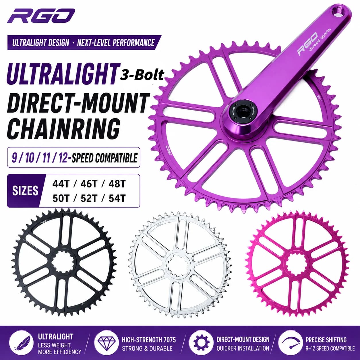 RGO 3‑Bolt Direct Mount Single Chainring 7075 T6 Aluminum Ultra Light Bike Chainring 44/46/48/50/52/54T for 9‑12 Speed