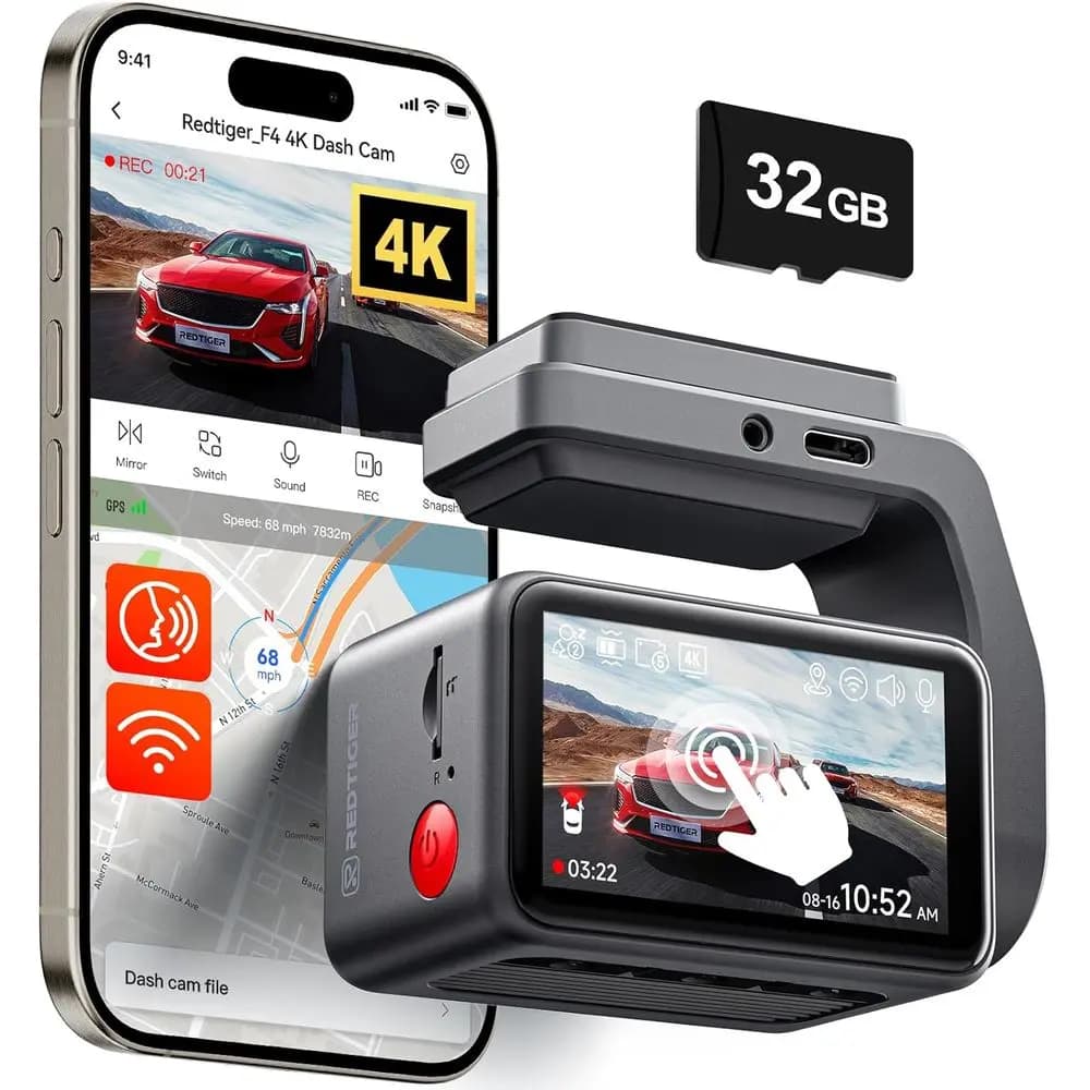 Dash Cam Mini 4K Ultra HD, Touchscreen da 2,2 Pollici, Controllo Vocale, Scheda da 32GB, Visione Notturna, GPS, App Integrata, Registrazione in Loop, Monitoraggio Parcheggio