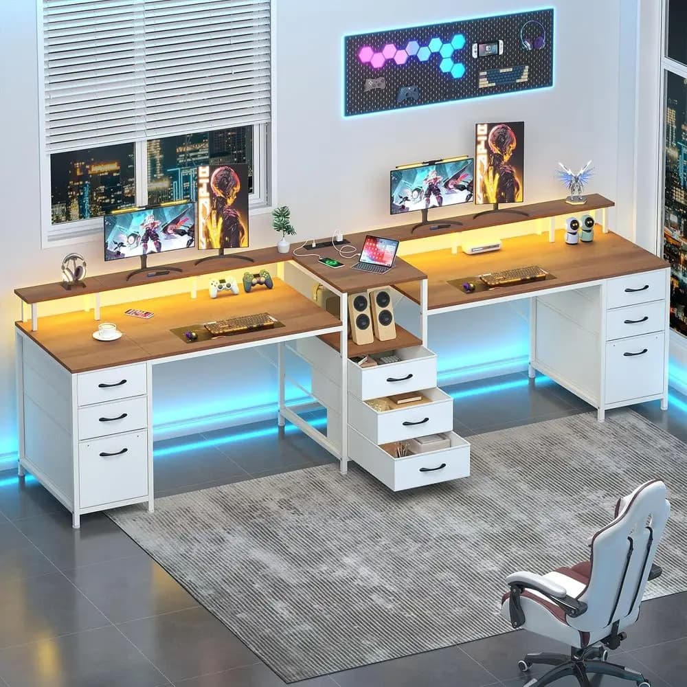 98.4 Dual-Person LED Gaming Desk with Storage, Power Outlet, Printer Shelf and Monitor Stand, Brown & White