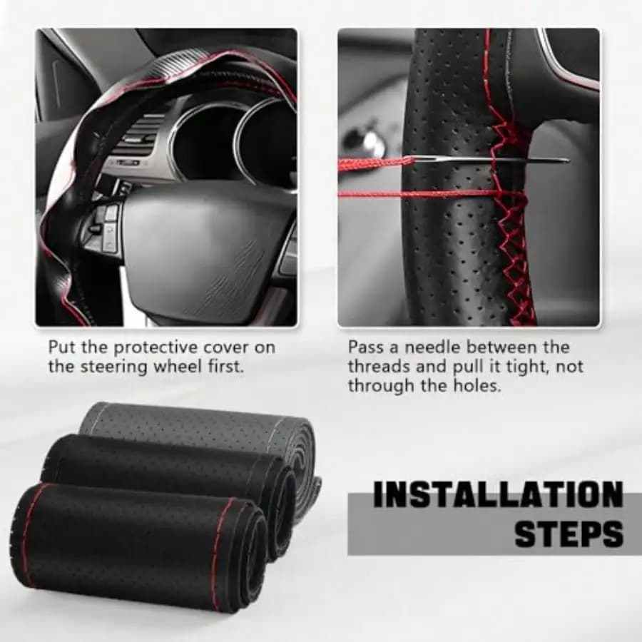 Leather Steering Wheel Cover Stitch On Wrap 15 Inch Steering Wheel Wrap Universal For Car Truck SUV Breathable Anti-Slip DIY Sewing With Needle Thread Black+Red