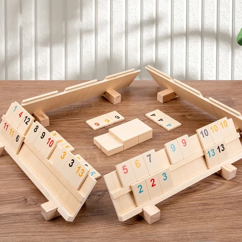 Set da gioco Wood Rummy Cube per giochi da tavolo per famiglie, 4 rack da gioco, set da gioco da viaggio, facile da usare, 106 piastrelle