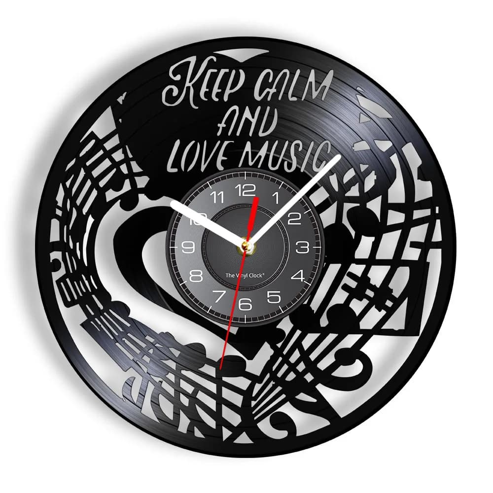 Orologio da Parete Ispirazionale 'Keep Calm and Love Music' con Note Musicali, Chiave di Violino e Basso, Orologio in Vinile per Studio Musicale