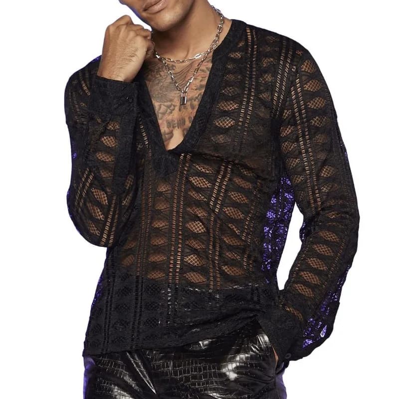 Disponibile Camicia da uomo europeo-americana a rete trasparente a maniche lunghe con colletto dentellato e dettagli cut-out